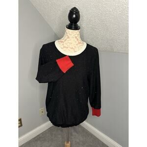 EUC Ness Women’s Sweater Black Glitter Red Cuff White Collar Sz Large Fancy